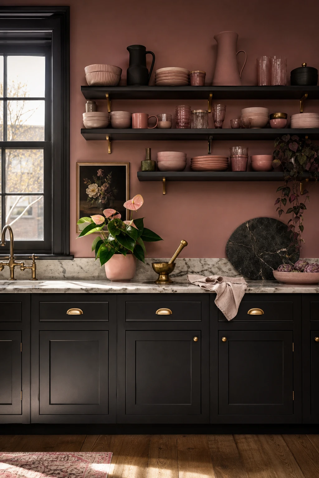 Black and pink kitchen with bold cabinet fronts, marble countertops, brass hardware, and styled open shelving under warm morning light