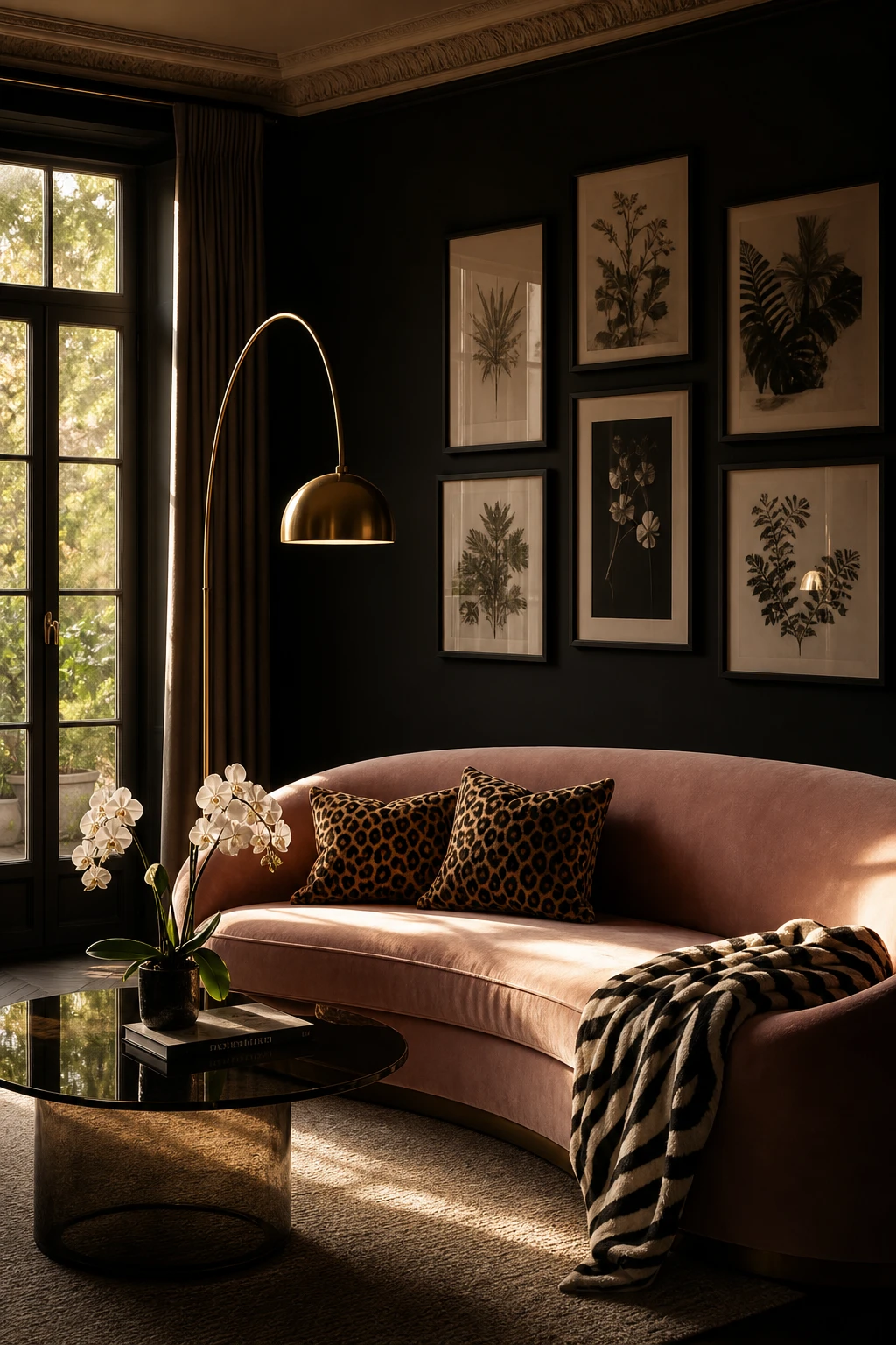 Black and pink living room with animal print accents on cushions and a throw, Farrow and Ball Pitch Black walls, natural light from tall windows
