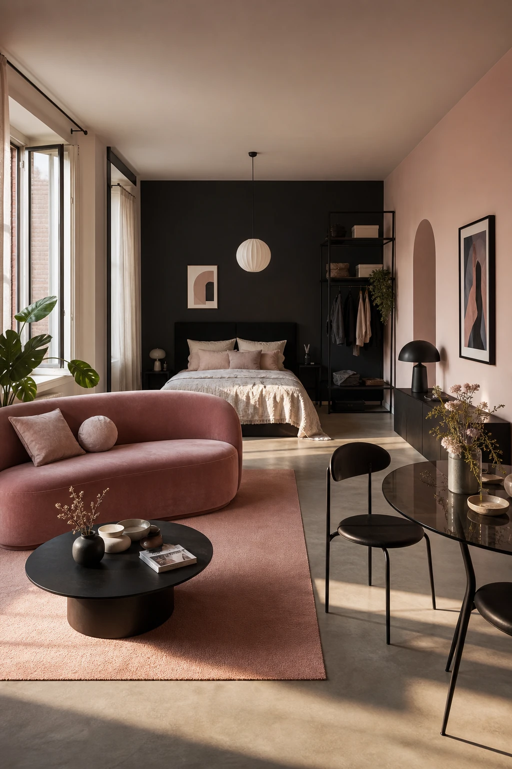 Black and pink studio apartment with colour zoned areas, bold dark walls contrasting soft pink furnishings, open plan small space interior photography