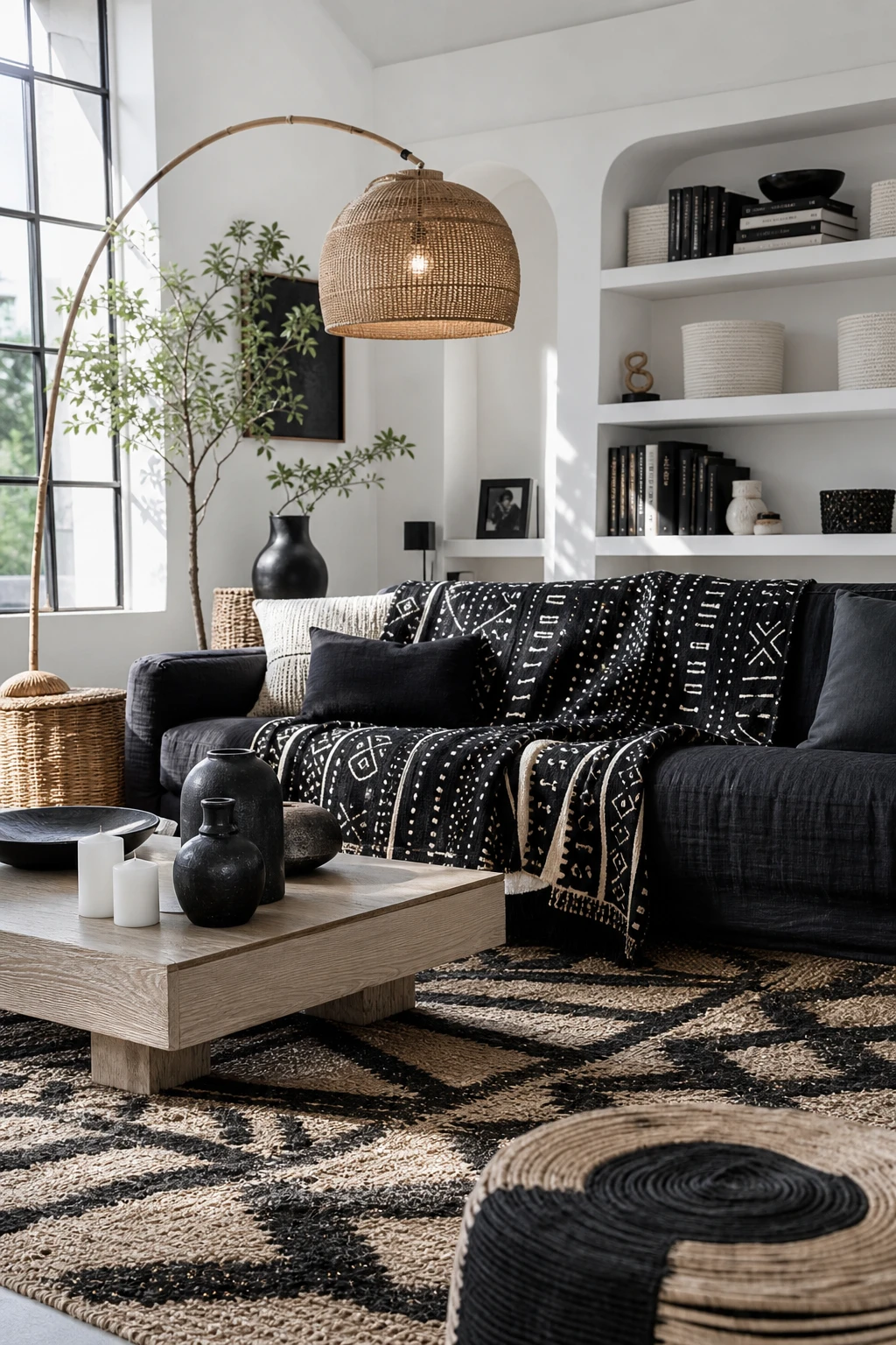 Black and white boho living room with bold contrast, layered textiles, rattan furniture, and Farrow and Ball All White walls in crisp cool white