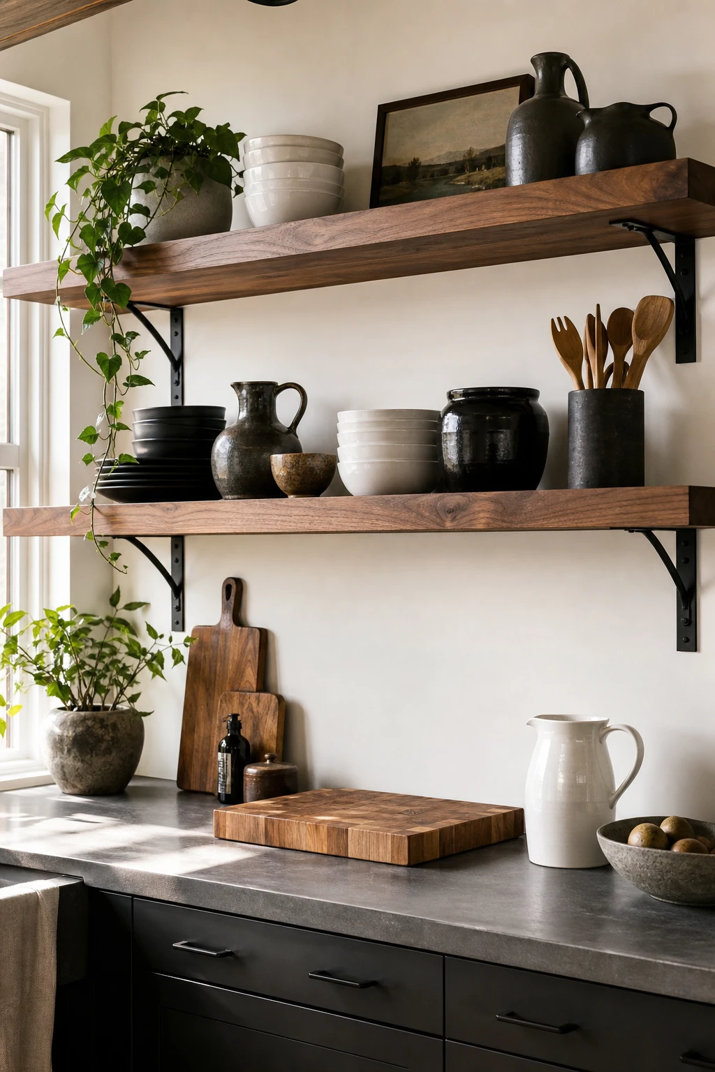 Black and wood open kitchen shelves styled with ceramics and greenery against a warm white wall in a black white gray natural wood interior