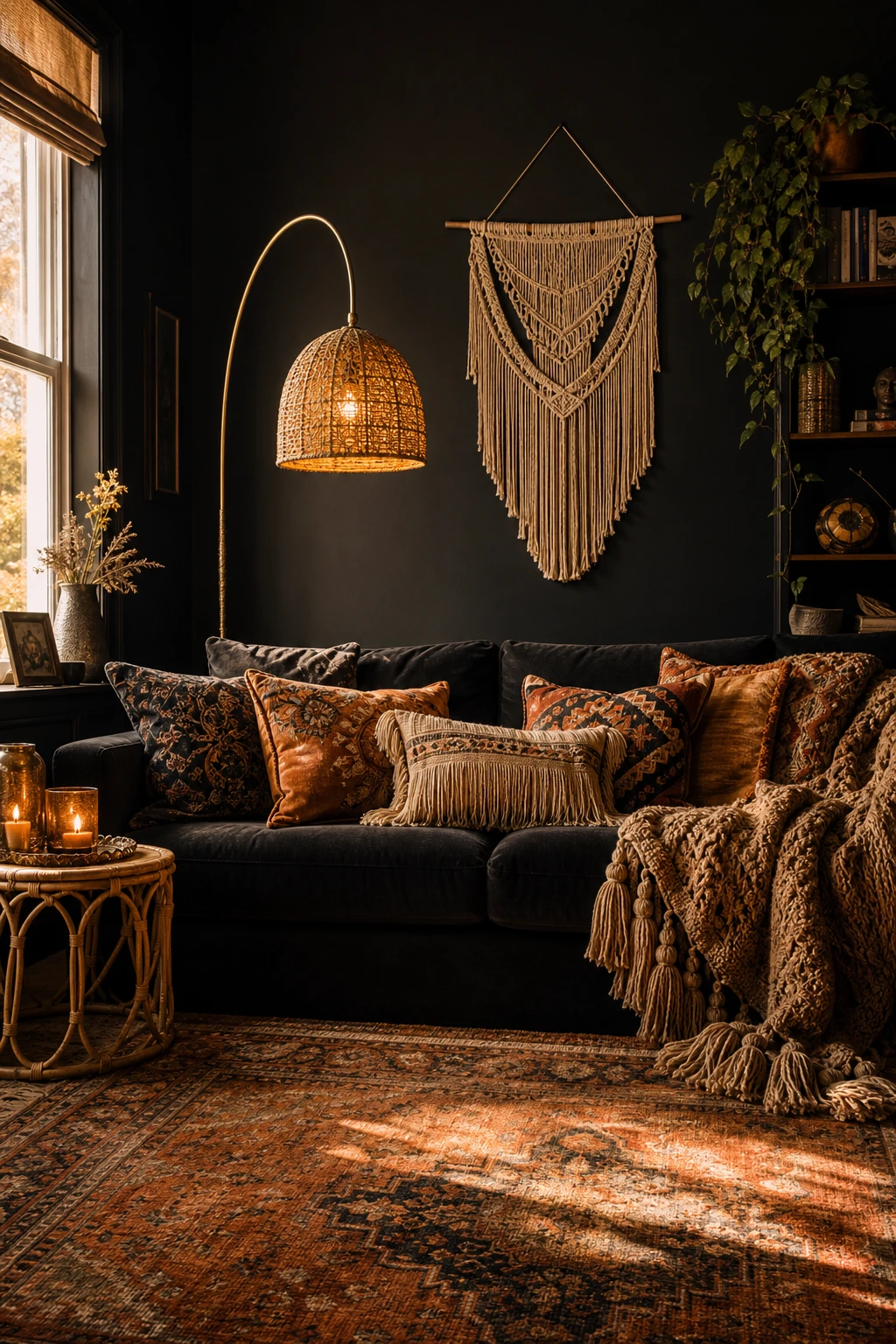 Black boho living room anchored by a deep black sofa layered with textured cushions, woven throws, and a rattan side table under warm afternoon light
