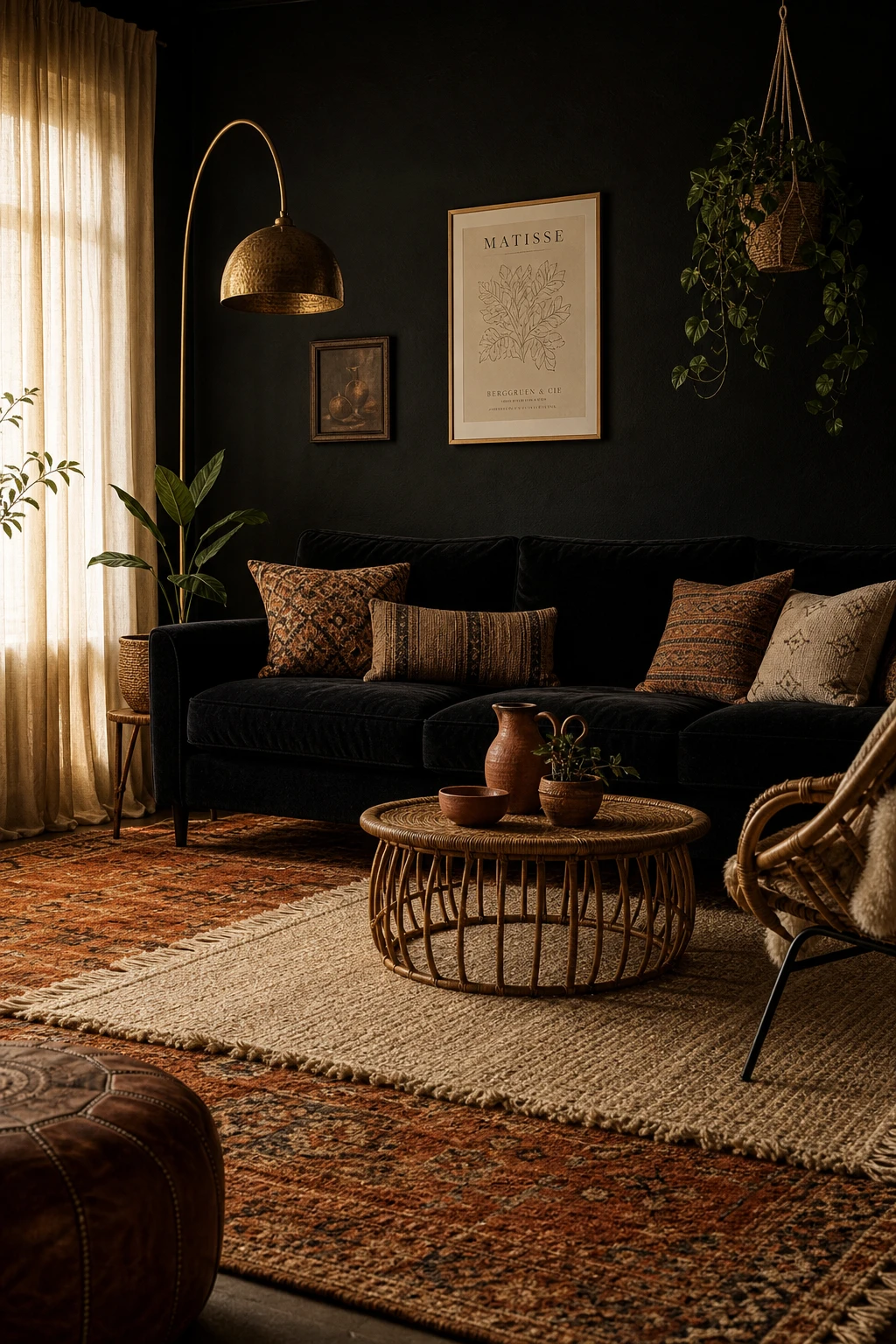 Black boho living room centered on a black couch with layered rugs in warm ochre and ivory creating bold contrast on a dark hardwood floor