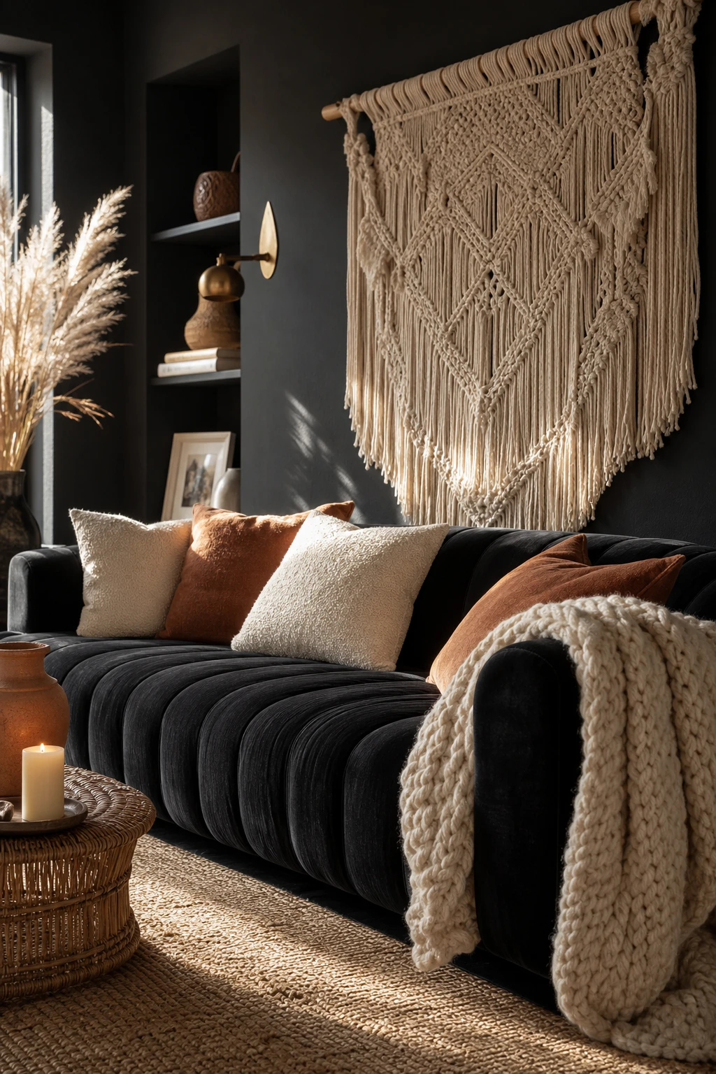 Black boho living room centered on a deep black velvet sofa layered with ivory and rust cushions, macrame wall hanging, rattan side table, and low pendant light