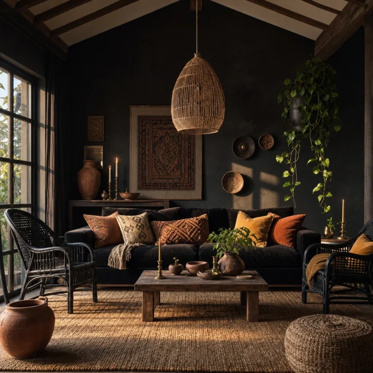 Black boho living room with charcoal walls, black velvet sofa layered with embroidered cushions, black cane chairs, a hanging rattan pendant, trailing plants, and warm amber afternoon light.