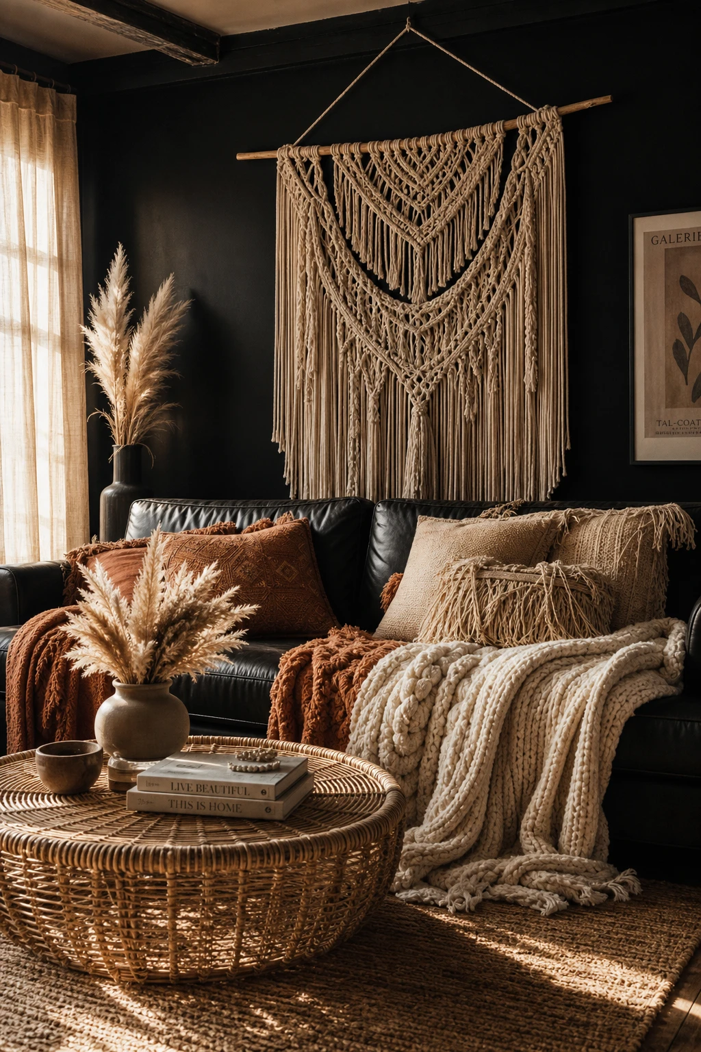 Black boho living room with a black leather couch as the hero, layered with woven throws and cushions, macrame wall art, and warm afternoon light