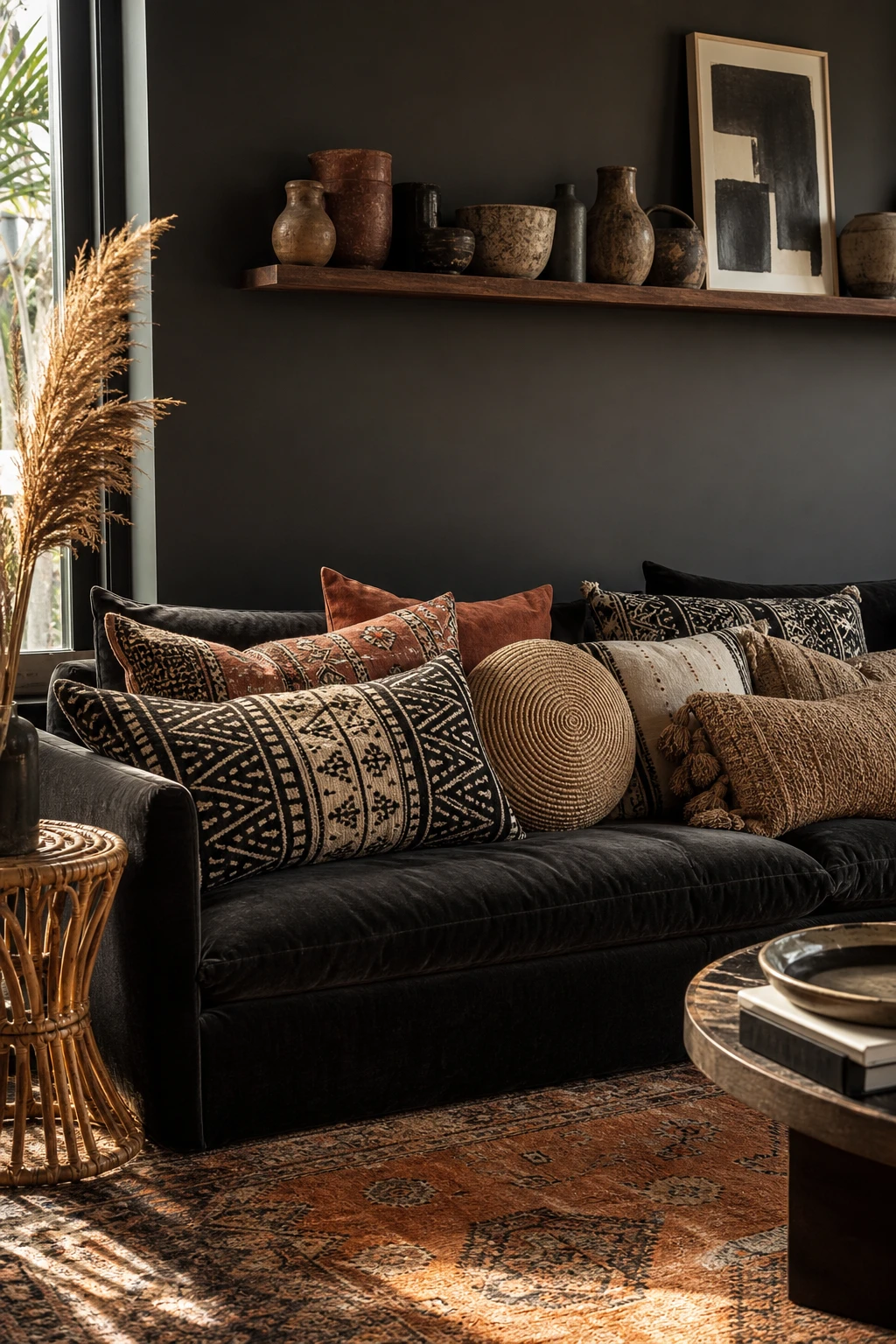 Black boho living room with a dark sofa styled with layered pillows in varied sizes, textures and patterns against a Farrow and Ball Tar painted wall
