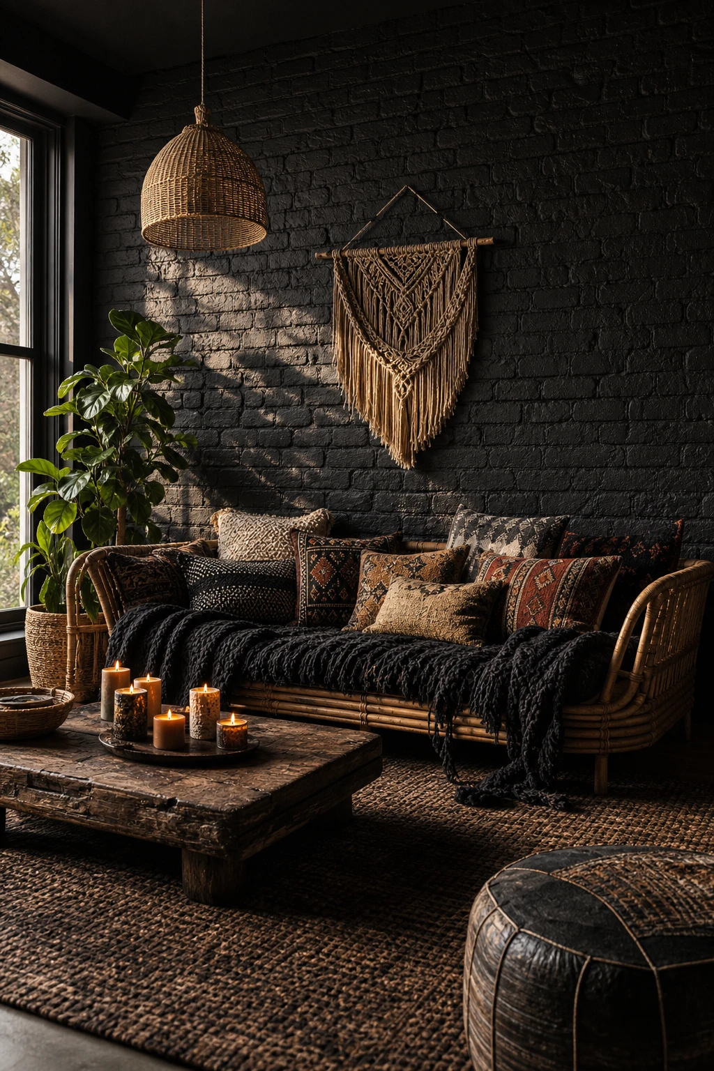 Black boho living room with a dramatic black brick wall as the focal point, layered with woven textiles, low seating and warm candlelight