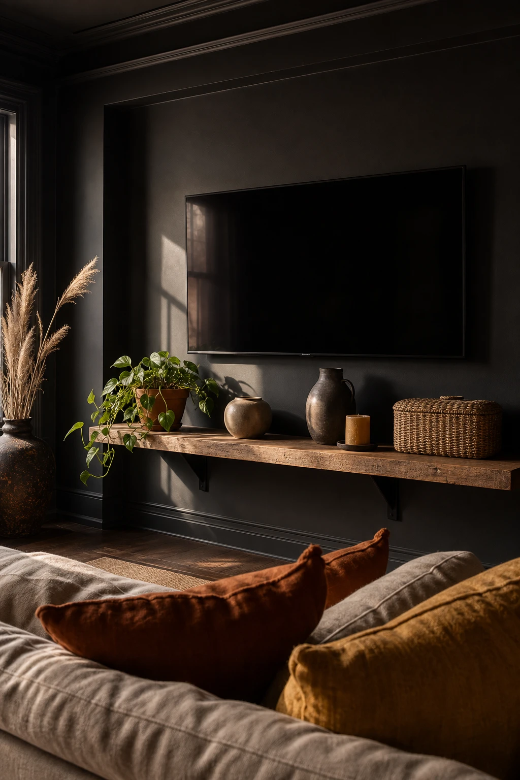 Black boho living room with a floating TV shelf as the hero, styled with ceramics, trailing plants, woven baskets and warm candlelight against a deep black wall