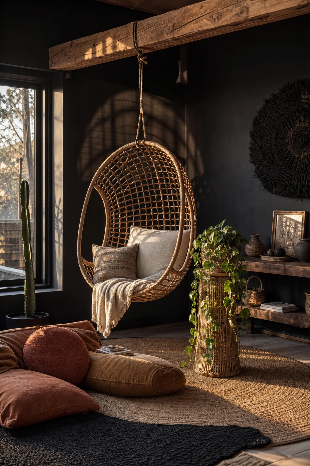 Black boho living room with a hanging rattan chair as the focal point, surrounded by layered textiles, indoor plants, and Farrow and Ball Bible Black walls