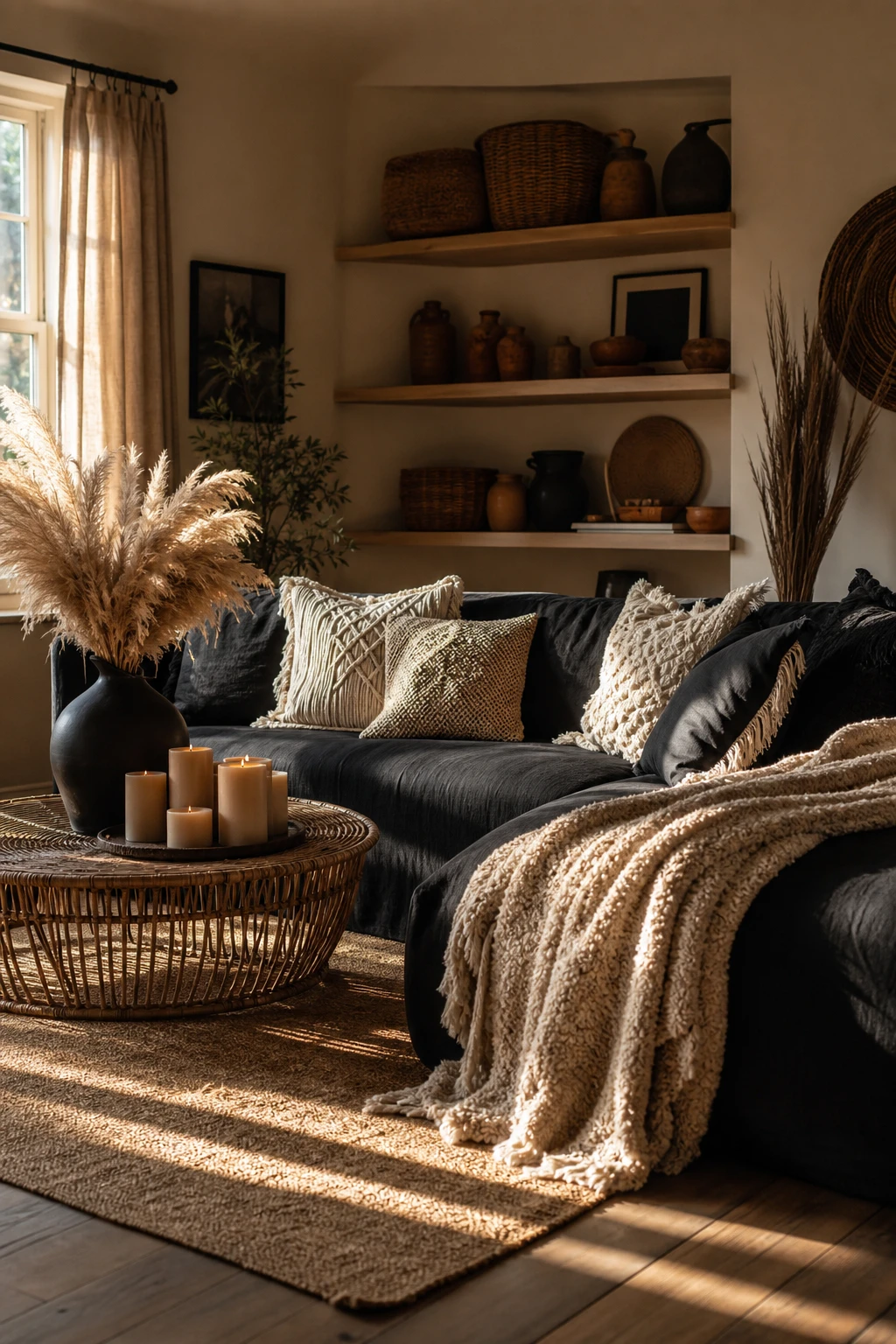 Black boho living room with black and beige as the hero pairing, rattan furniture, woven textiles, and Farrow and Ball Drop Cloth walls in warm afternoon light