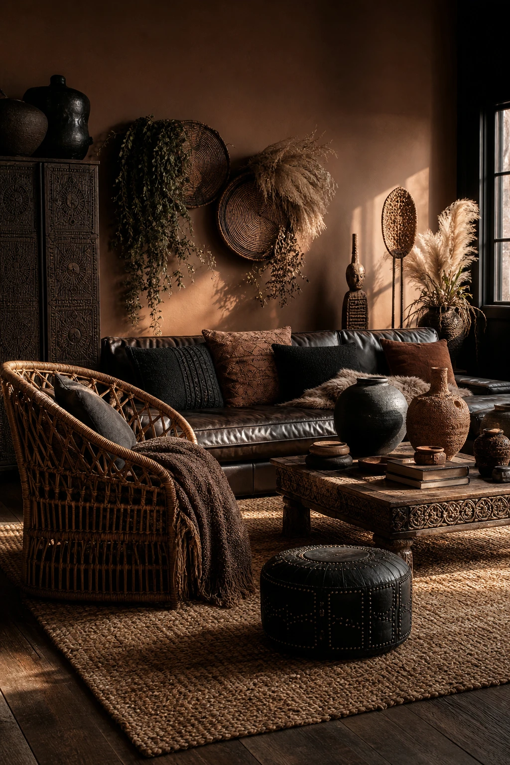 Black boho living room with black and brown as hero tones, rattan furniture, dark walls in London Clay paint, layered textiles and earthy ceramic accents in warm natural light