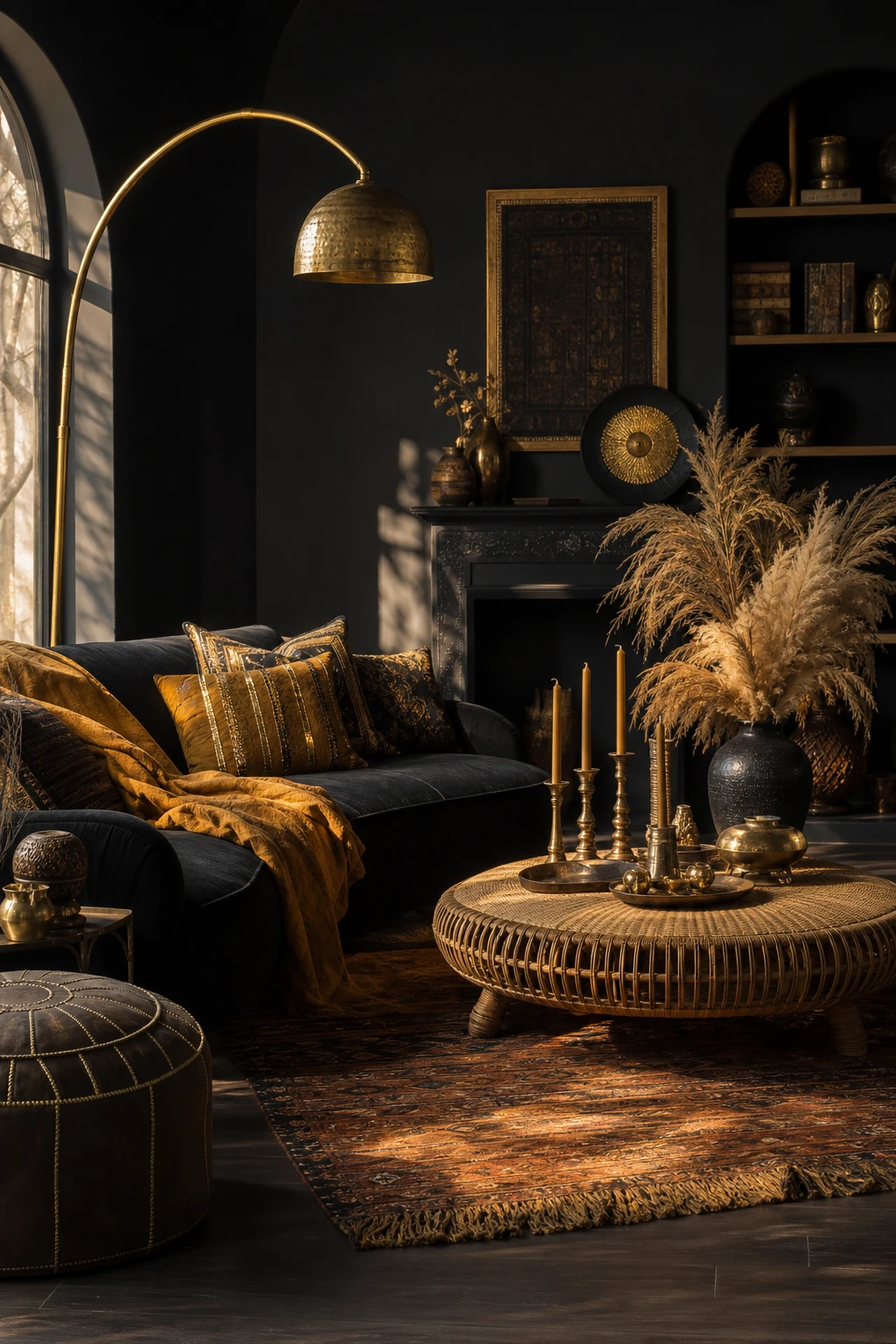 Black boho living room with black and gold accents, rattan furniture, layered textiles, and warm candlelight against Farrow and Ball Paean Black walls