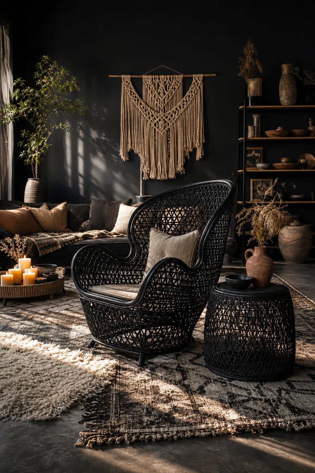 Black boho living room with black cane furniture as the hero, woven textures, layered rugs, macrame wall hanging, and warm candlelight against Farrow and Ball Grate Black walls