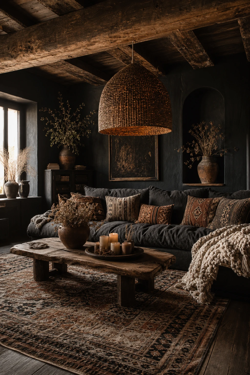 Black boho living room with dark boho farmhouse style featuring exposed timber beams, woven textiles, raw wood furniture and Farrow and Ball Pitch Black walls