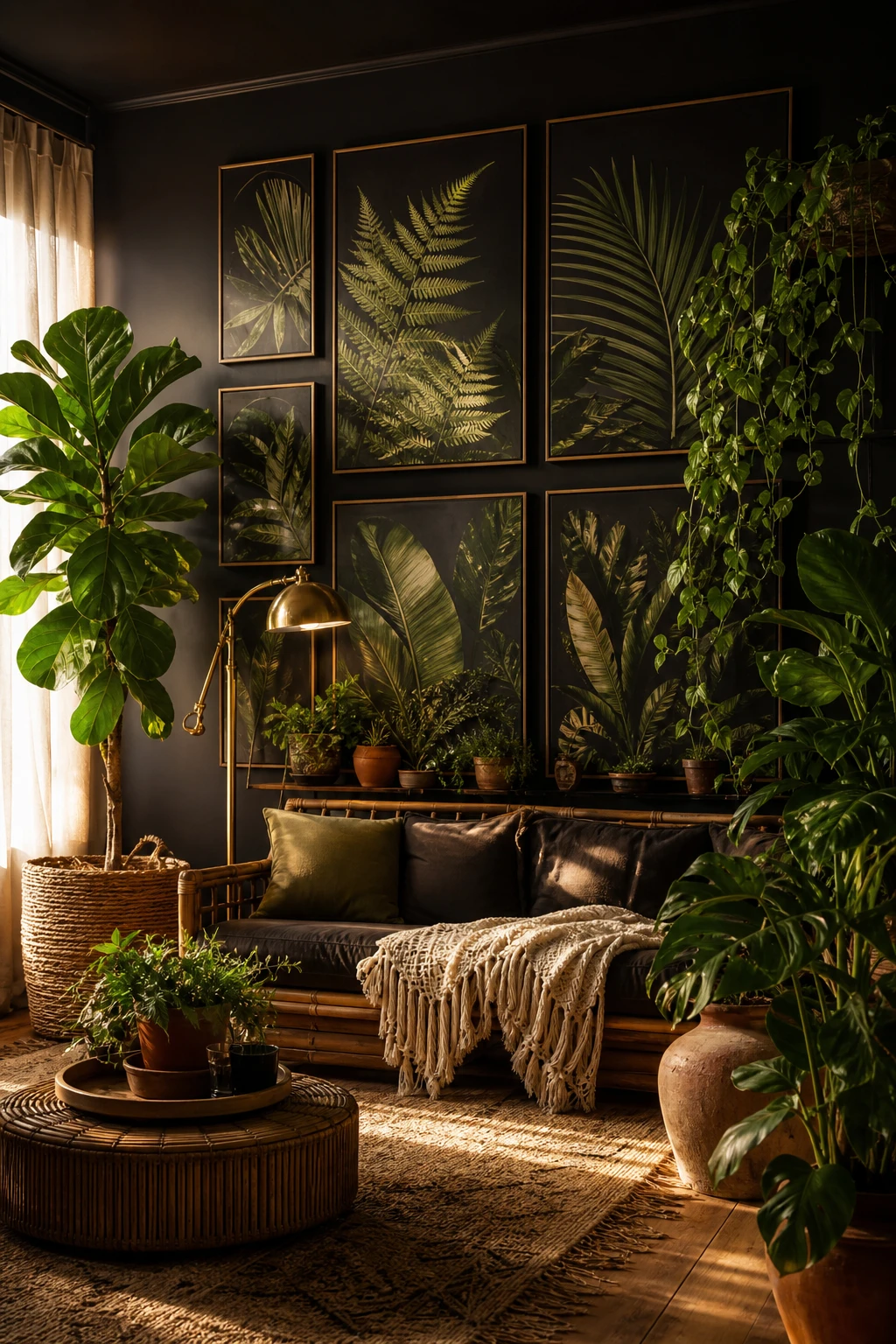 Black boho living room with dark botanical prints as hero, layered with lush real plants, rattan furniture, and Farrow and Ball Bible Black walls