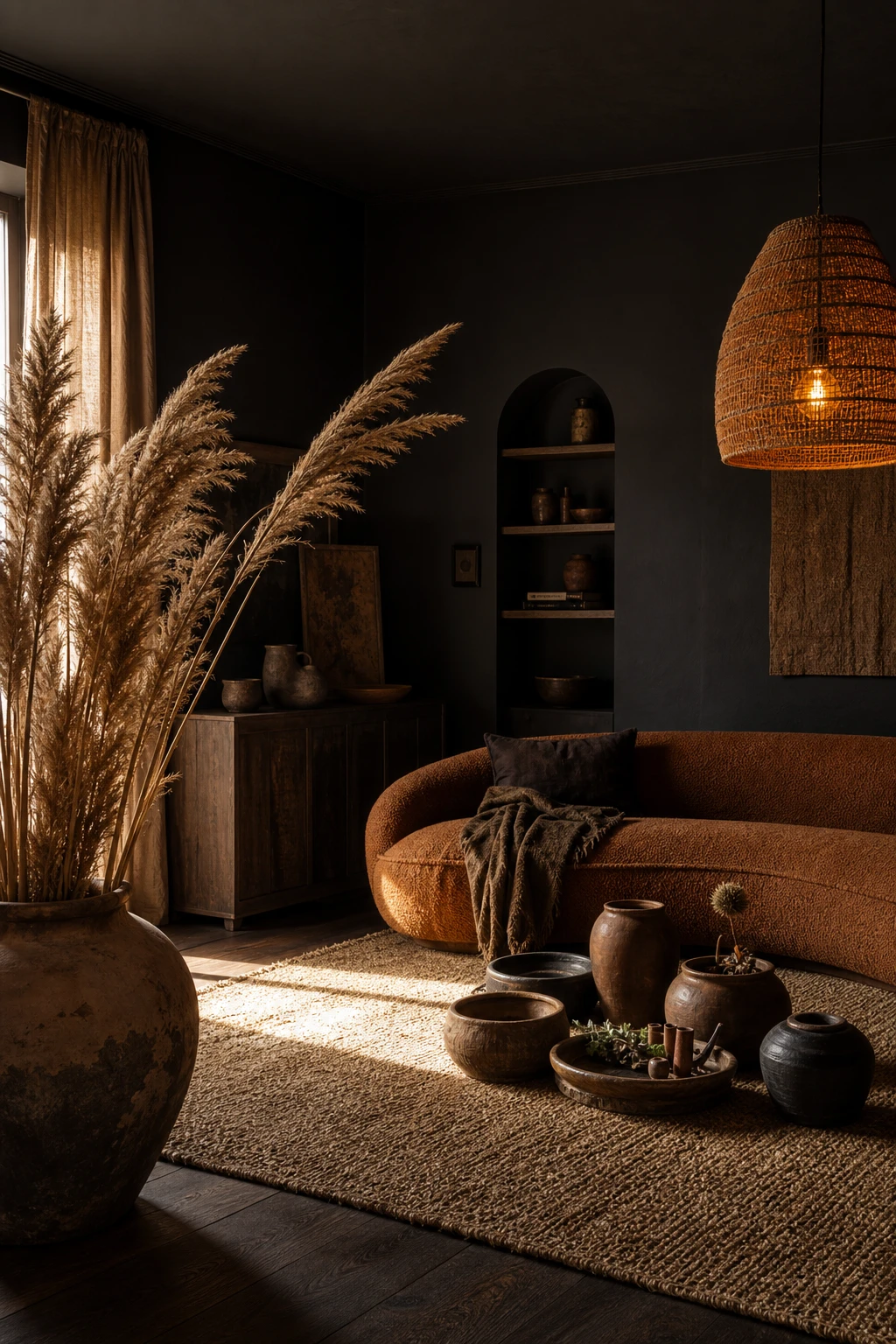 Black boho living room with dark earthy tones, terracotta vessels, woven textiles, low curved seating and Farrow and Ball Liquorice painted walls in warm afternoon light