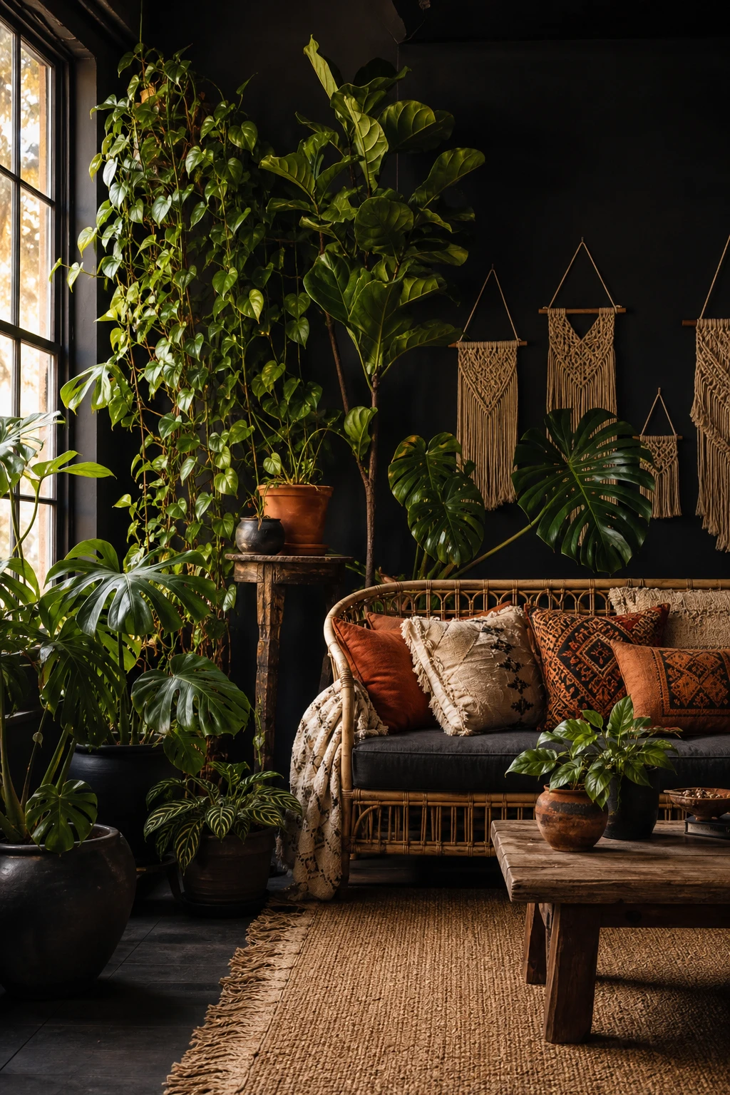 Black boho living room with dark plant styling as hero, lush greenery against Farrow and Ball Tar painted walls, rattan and woven textures throughout