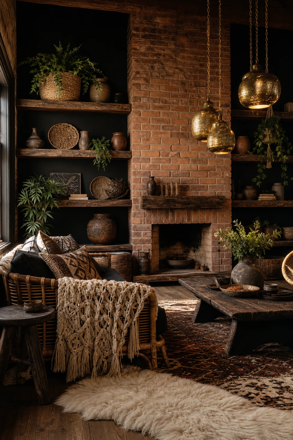 Black boho living room with exposed brick wall and dark wood shelving, rich textiles, warm evening light, Farrow and Ball Liquorice painted alcoves
