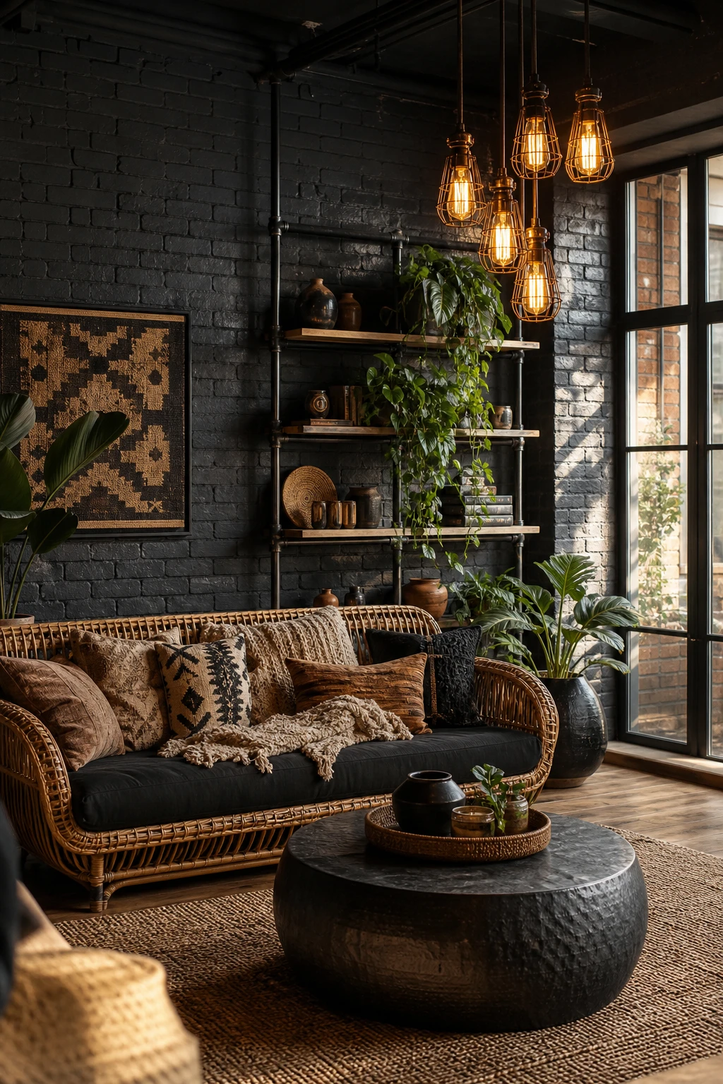 Black boho living room with industrial metal shelving, macrame wall art, rattan furniture, exposed brick, and warm Edison bulb lighting in a moody dark space