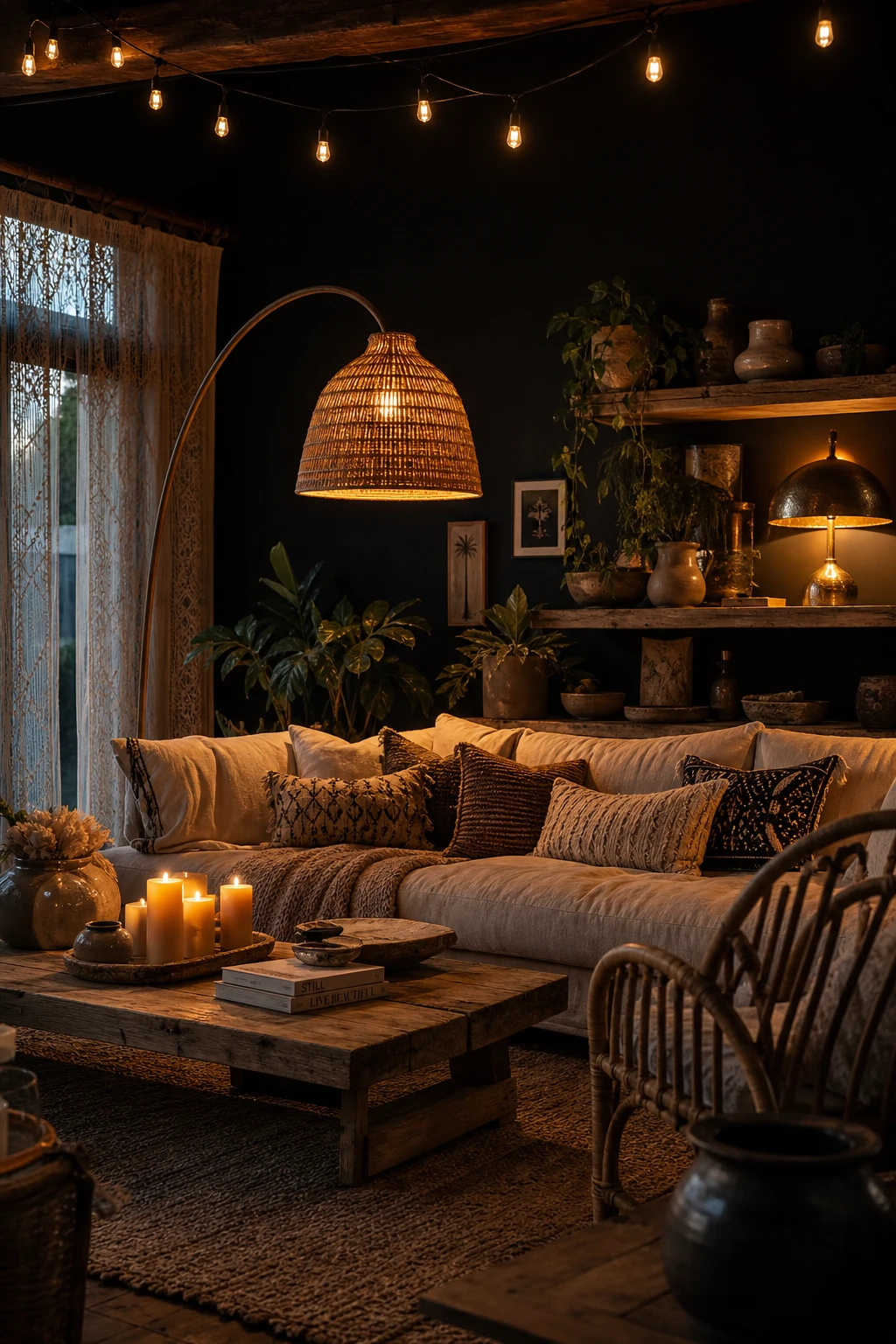 Black boho living room with layered mood lighting including floor lamp, candles and string lights against Bible Black walls creating warm atmospheric glow