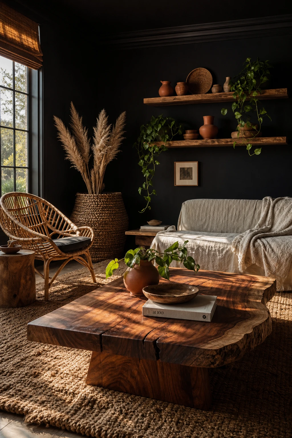 Black boho living room with natural wood shelving, rattan furniture, and Farrow Ball Off Black walls bathed in warm afternoon light
