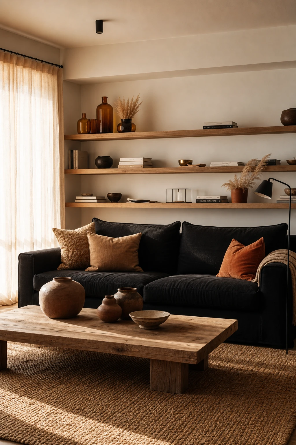 Black couch anchors a living room with earth tone accents, natural wood shelving, warm terracotta cushions, and Farrow and Ball House White walls in soft natural light