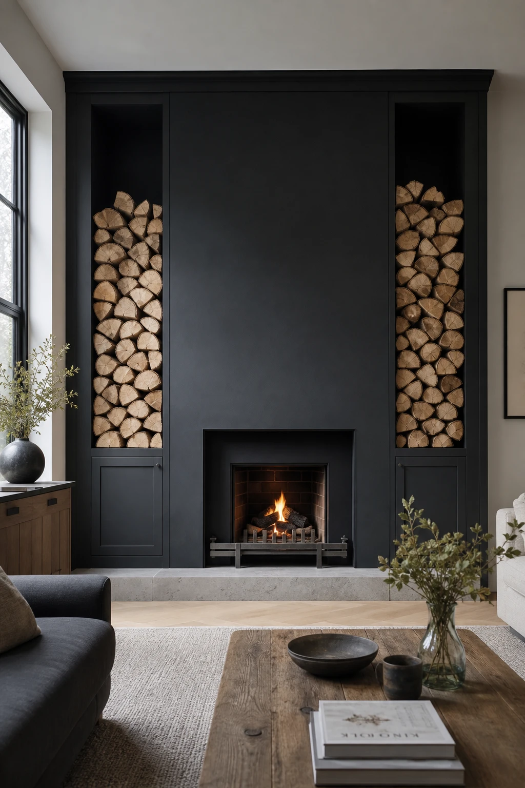Black fireplace with built in wood storage on a dark feature wall, natural logs stacked in alcoves, white room surround, gray stone hearth