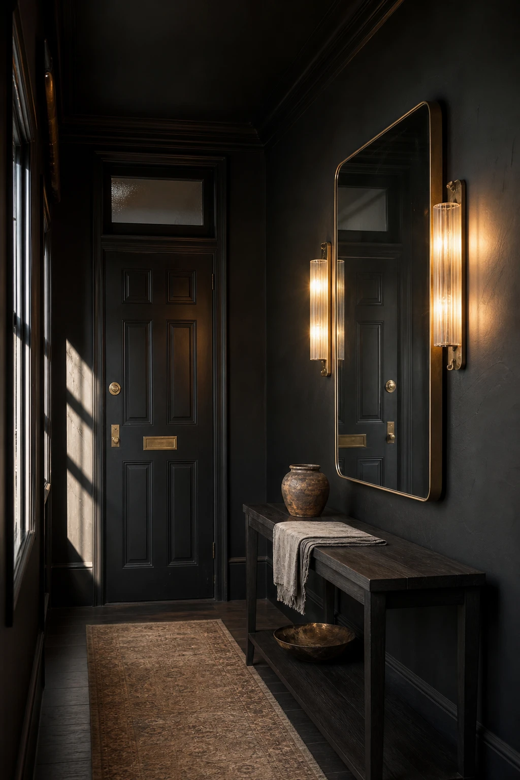 Black hallway with a directly lit mirror as focal point, Farrow and Ball Pitch Black walls, sconce lighting, and dark console table creating a dramatic arrival moment