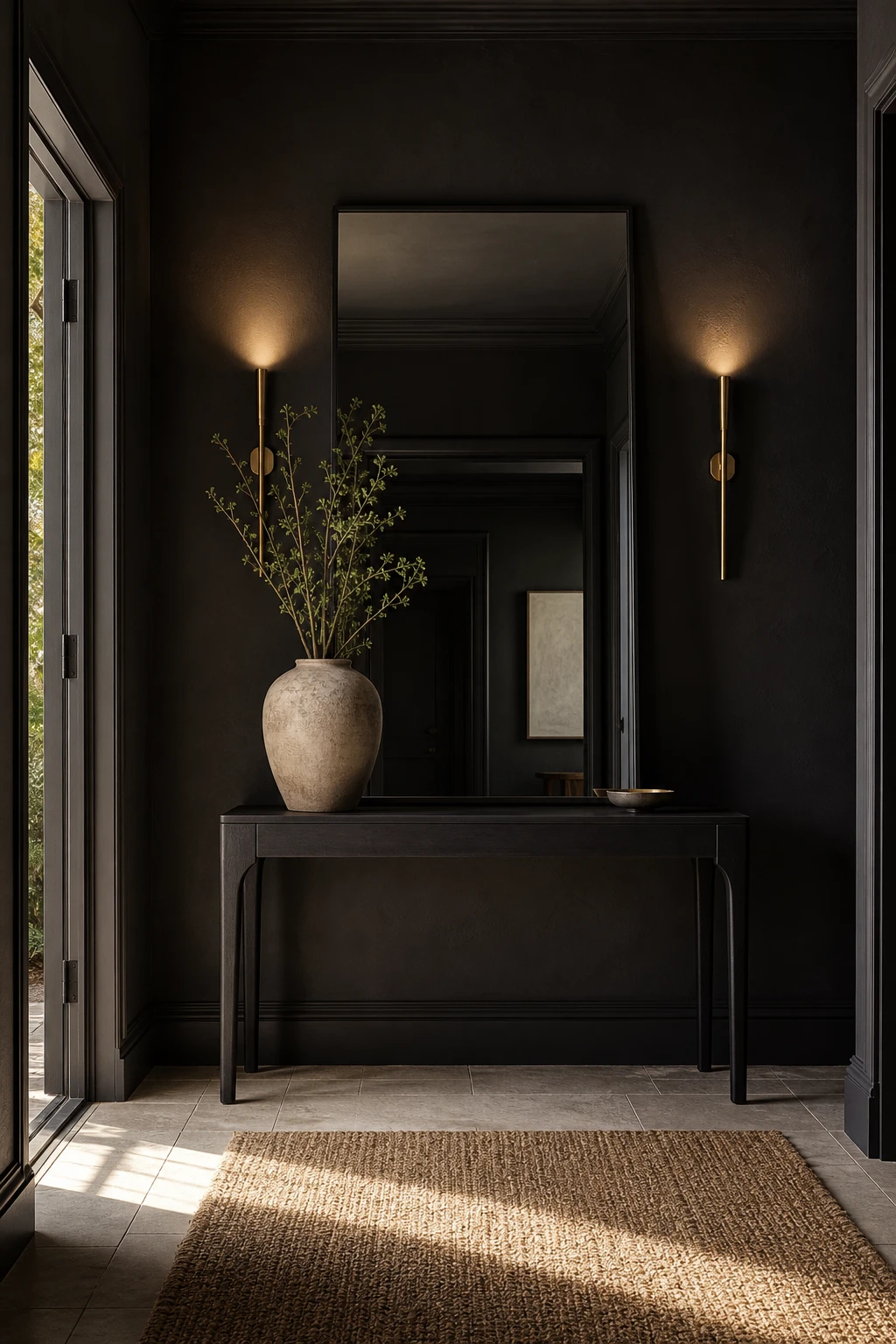 Black hallway with a slim console table as the focal point, styled with a tall mirror, ceramic vase, and wall sconces against a deep black painted wall