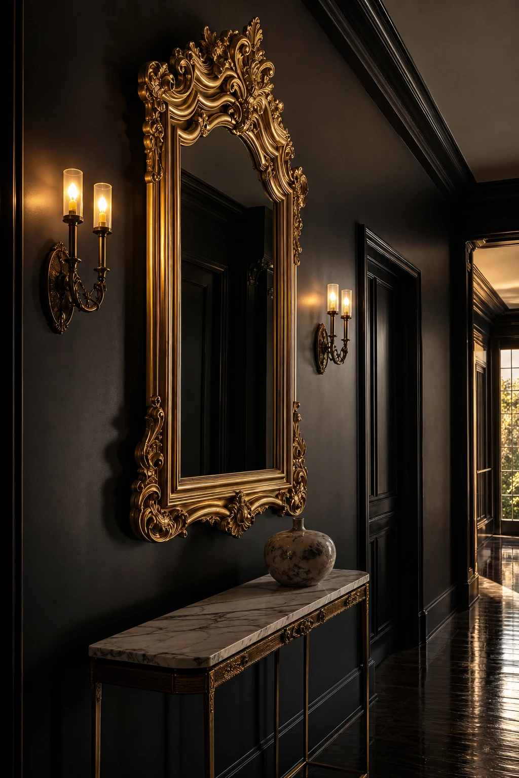 Black hallway with an ornate gold framed mirror mounted on a Farrow and Ball Liquorice wall, flanked by sconces and a marble console table below