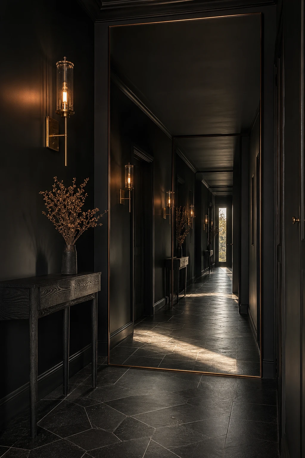 Black hallway with floor to ceiling mirror reflecting corridor depth, matte black walls in Farrow and Ball Bible Black, aged brass sconce, slate tile floor