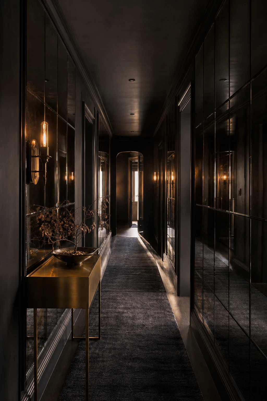 Black hallway with floor to ceiling mirrored panels as the hero, reflecting candlelight and dark walls painted in Farrow and Ball Bible Black