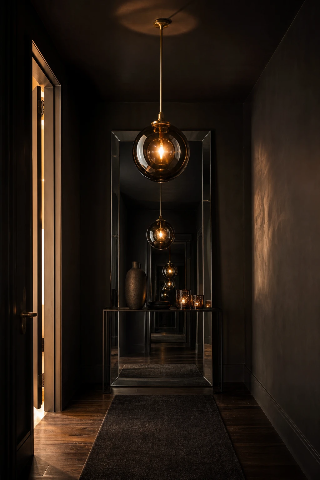 Black hallway with globe pendant light reflected in dark walls and mirror, Farrow and Ball Tar paint, polished brass fitting, narrow console table
