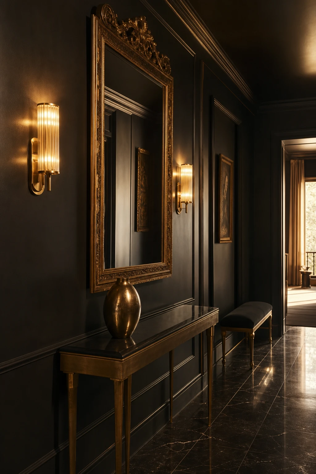 Black hallway with gold accents including a gilt mirror, brass sconce, and gold console table legs against a Farrow and Ball Grate Black painted wall