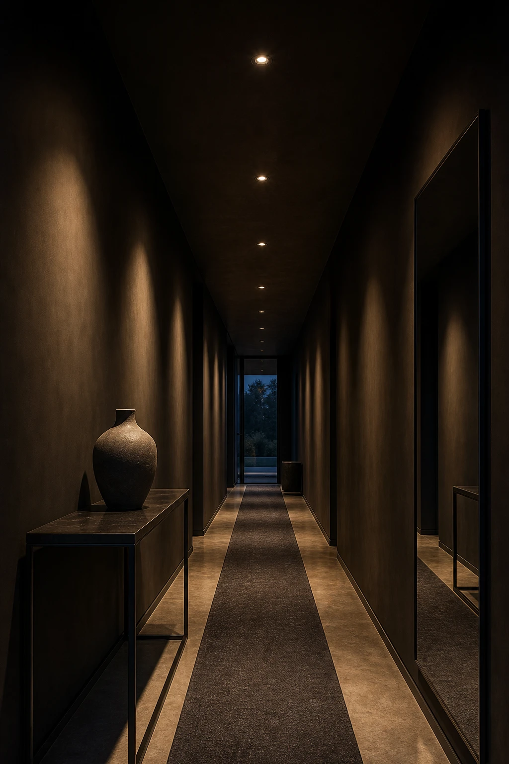 Black hallway with recessed downlights casting warm pools of light on Farrow and Ball Paean Black walls, creating a cinematic corridor effect