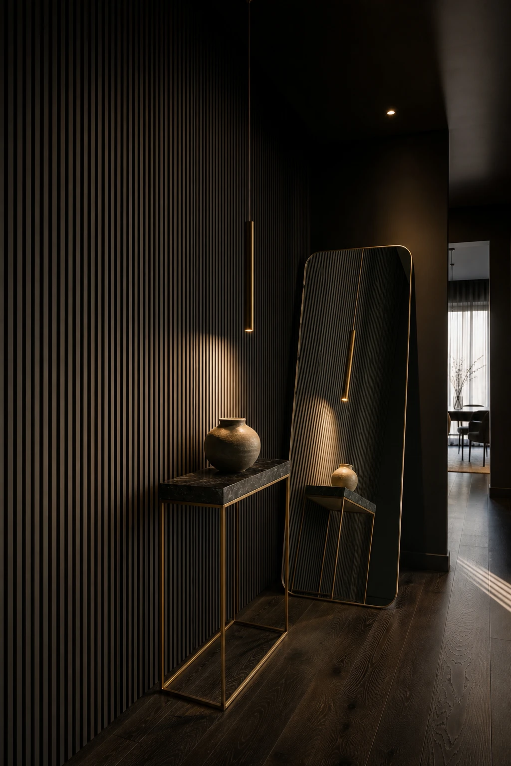Black hallway with vertical slat wall panel beside a large floor mirror, deep shadow and warm light revealing rich texture against reflective surface