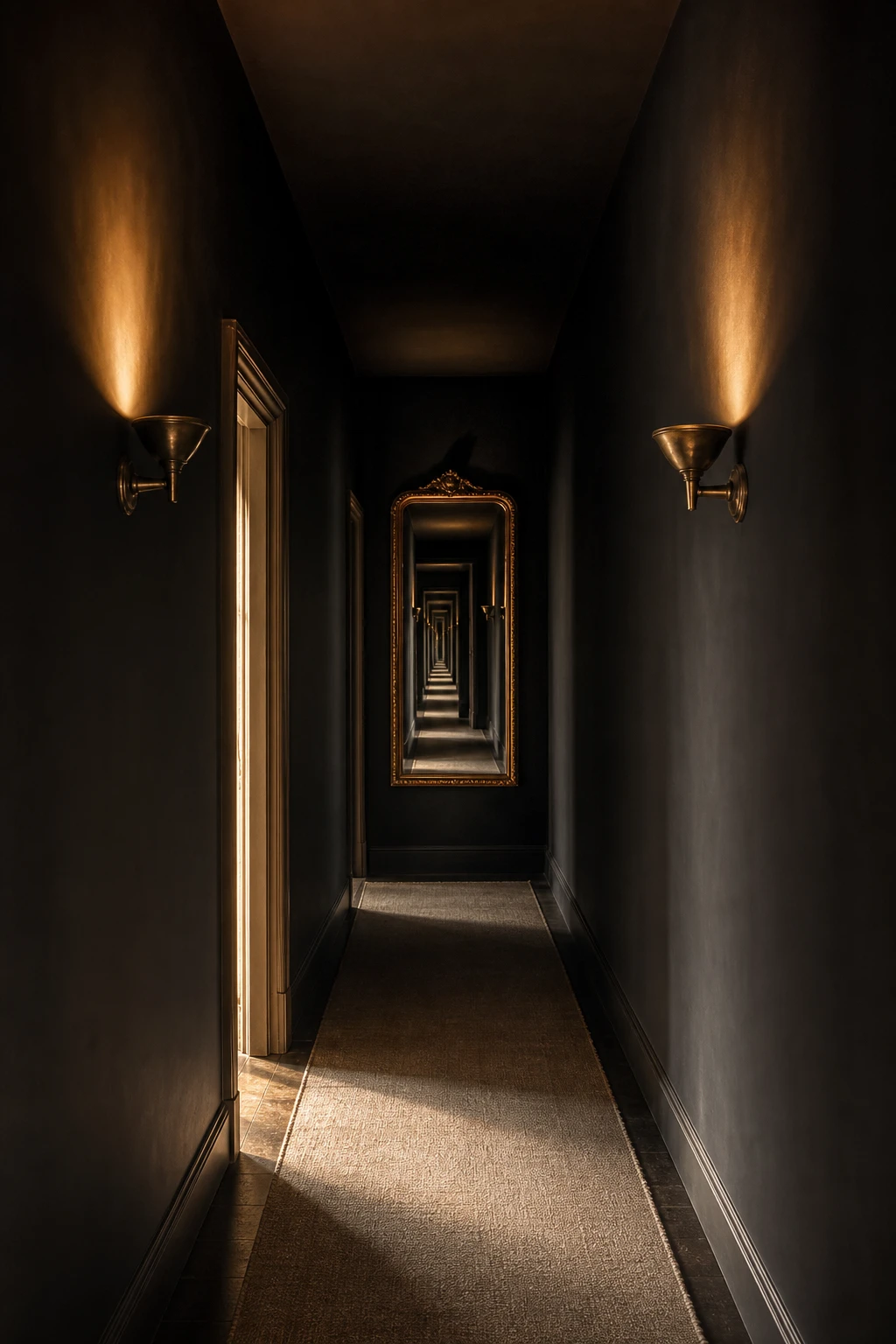 Black hallway with walls and ceiling painted Farrow and Ball Pitch Black creating a cocoon effect with brass sconces and a pale runner