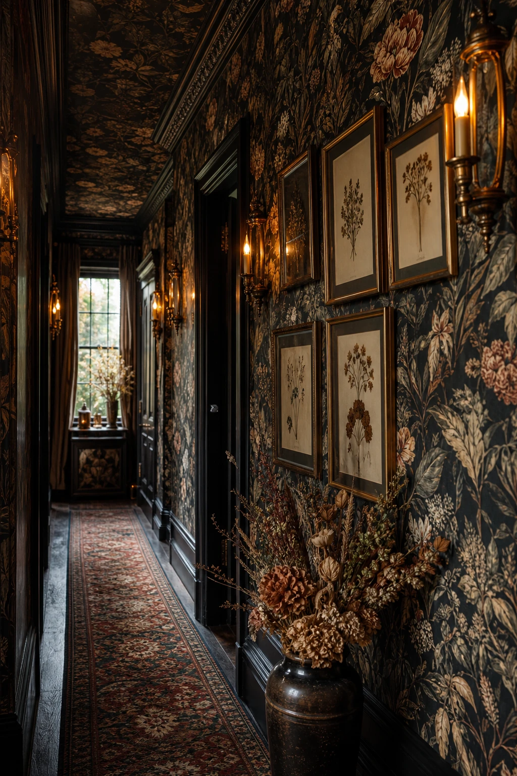 Black maximalist hallway with dark botanical wallpaper, candle style wall sconces, framed prints and layered textures in a witchy dark aesthetic