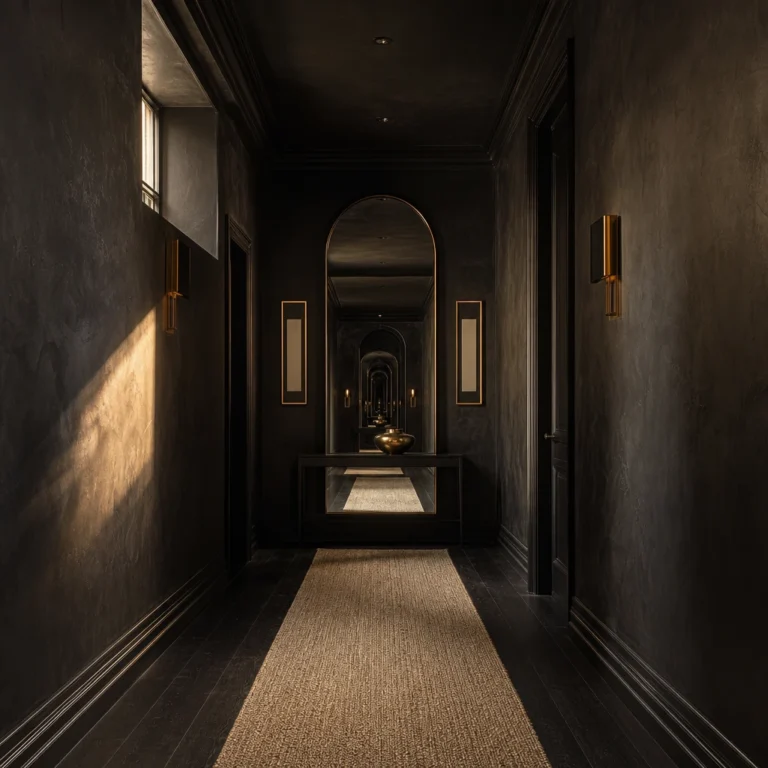 Full length black hallway with pitch black walls and ceiling, a full length arched black framed mirror at the far end, black stained oak floors, a slim console table with brass vessel, and warm side light catching the textured plaster walls.