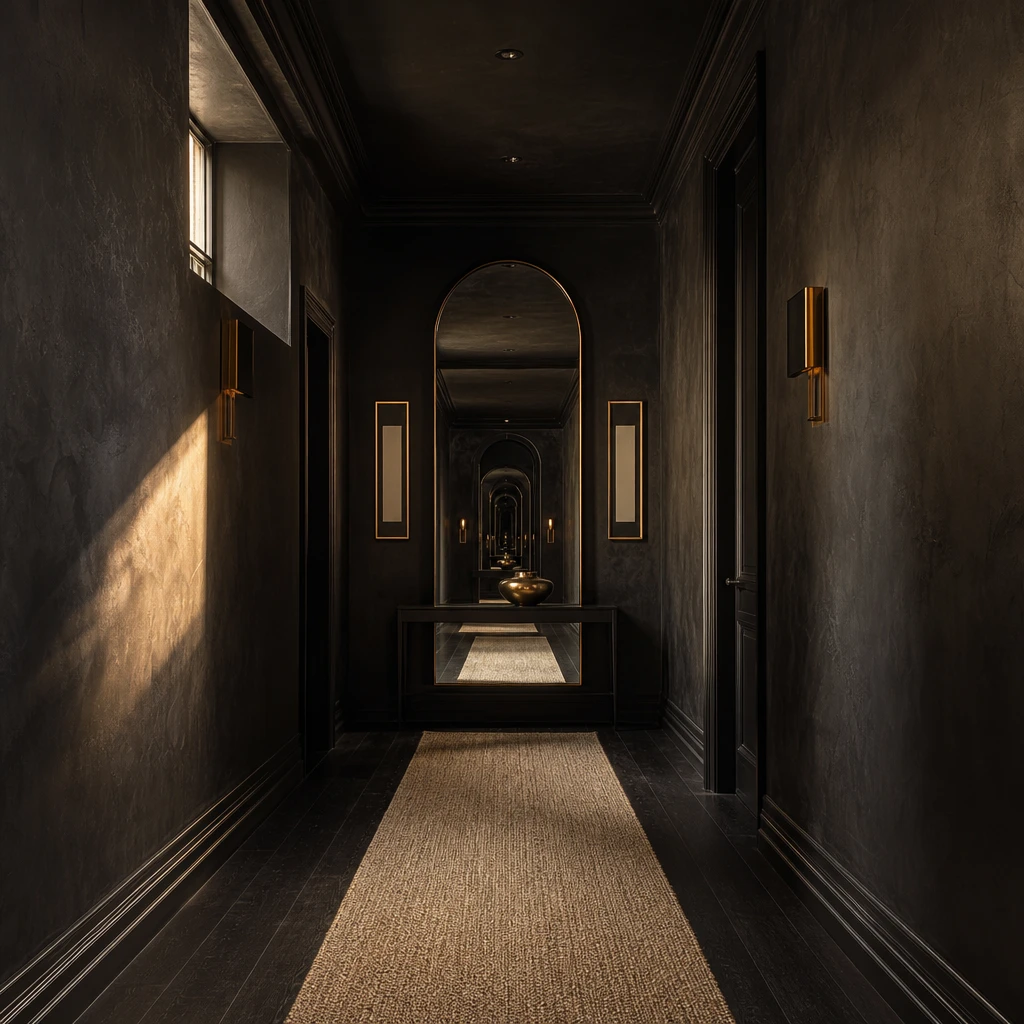Full length black hallway with pitch black walls and ceiling, a full length arched black framed mirror at the far end, black stained oak floors, a slim console table with brass vessel, and warm side light catching the textured plaster walls.