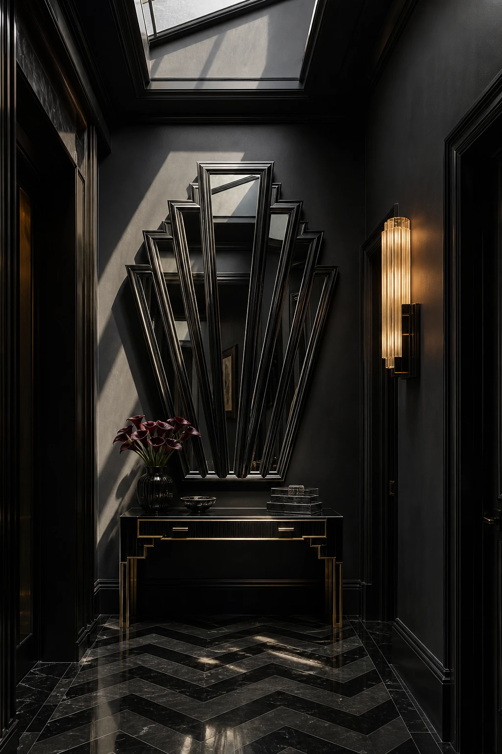 Black Mirror Black Hallway with Art Deco geometry as hero, featuring fan motif mirror, chevron floor tiles, stepped console and Farrow Ball Paean Black walls