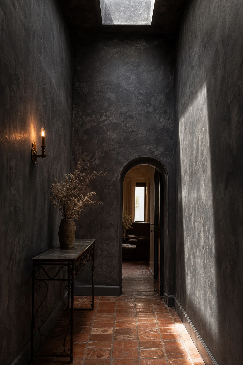 Black mirror black hallway with dark grey limewash walls creating an ancient layered atmosphere alongside a vintage console table and arched doorway