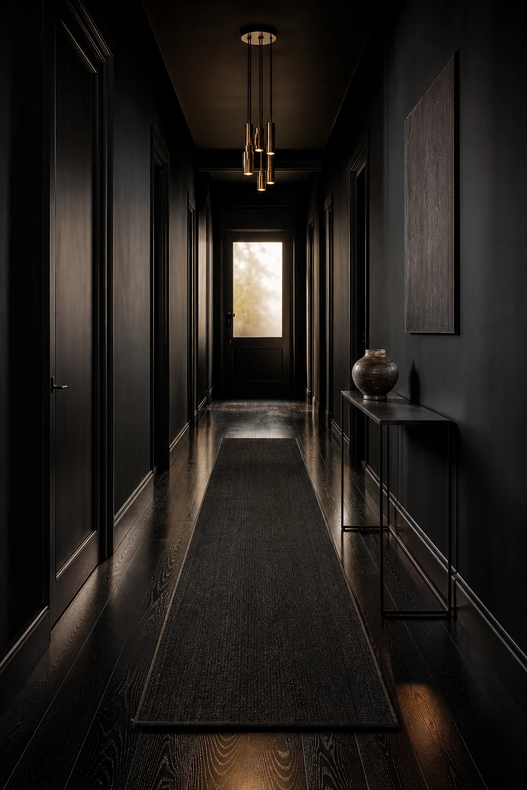 Black mirror black hallway with dark stained wood floors as the hero, reflecting overhead pendant light, flanked by Paean Black walls and a narrow console table