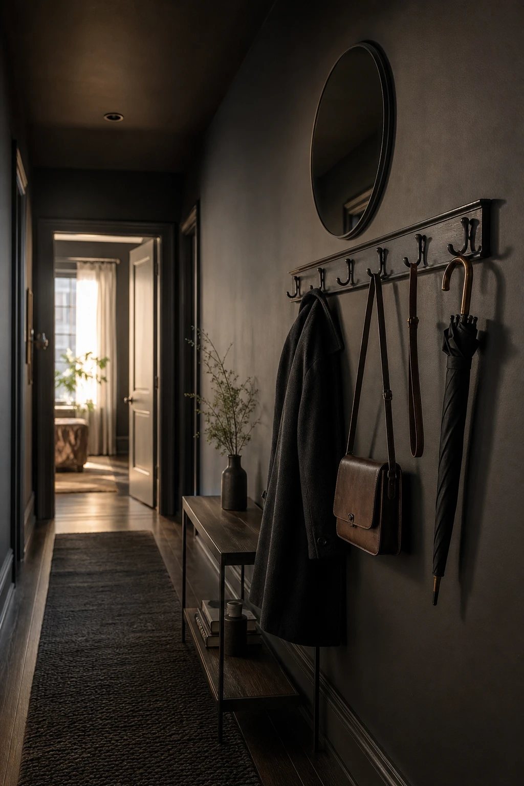 Black mirror black hallway with functional wall hooks as the hero, styled coat rack with dark coats, umbrella and bag against Off Black walls, moody entryway