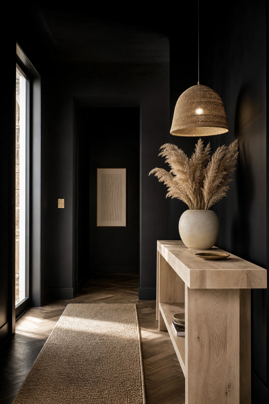 Black mirror black hallway with light wood against Farrow and Ball Tar painted walls, pale oak console, rattan pendant and natural fiber runner under warm morning light