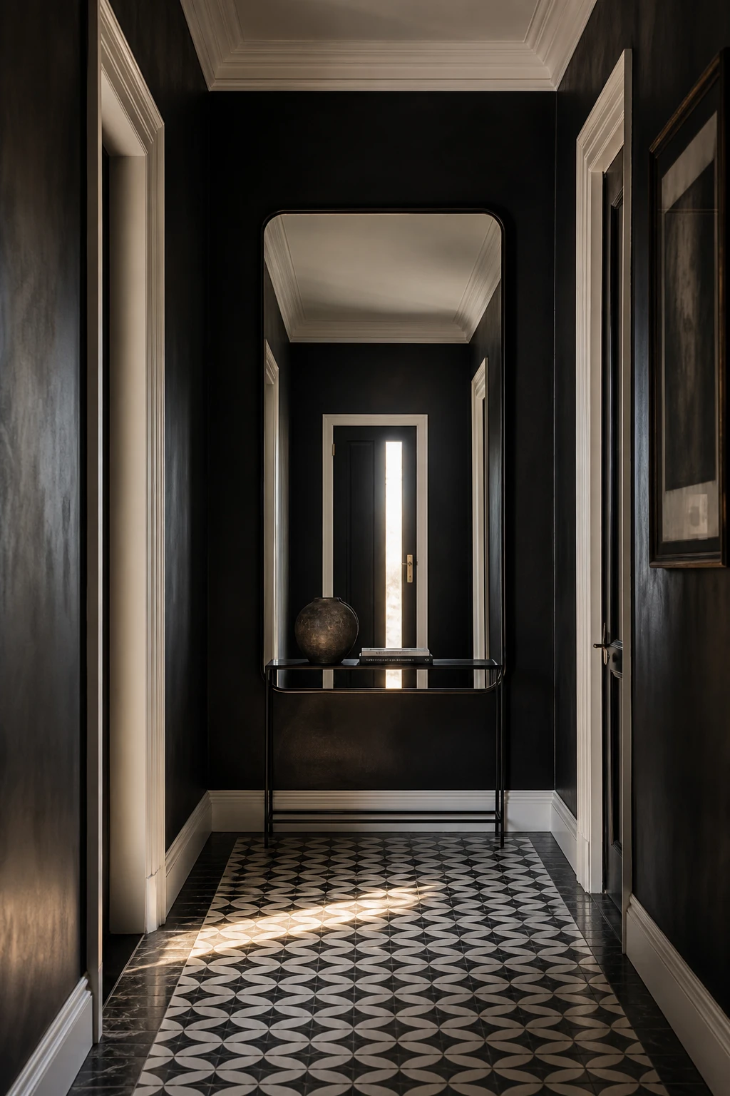 Black mirror black hallway with monochrome contrast featuring deep black walls, crisp white trim, geometric floor tiles and a large statement mirror in editorial architectural photography