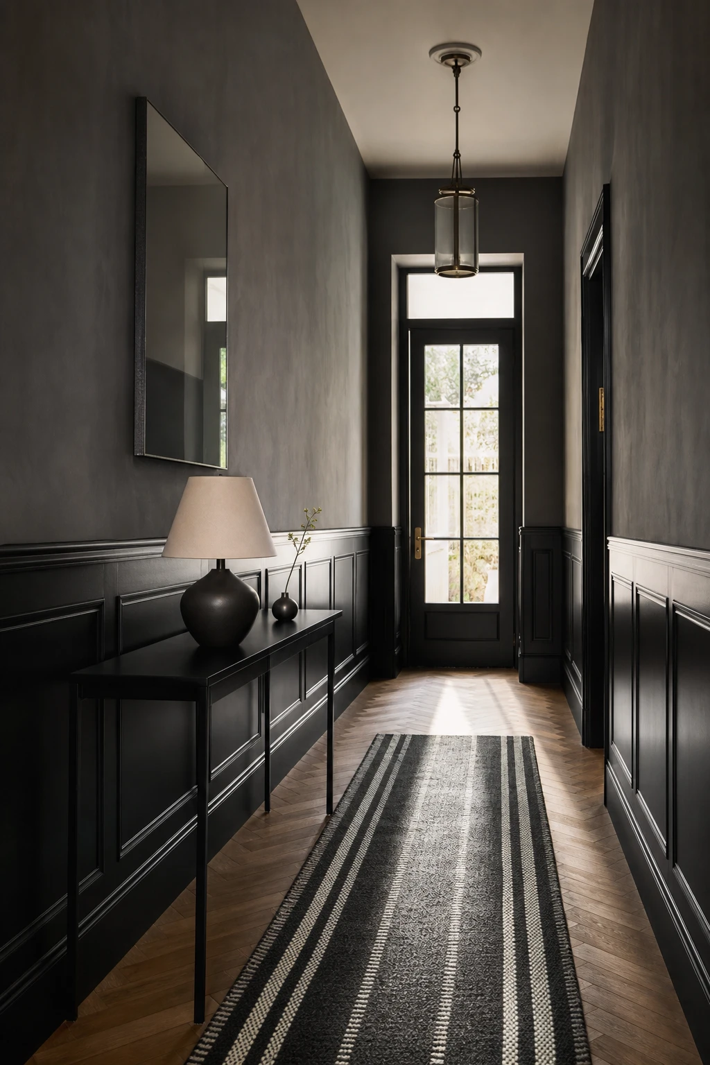 Black Mirror Black Hallway with two tone walls showing deep lower panels and lighter upper half, tall ceiling, console table and runner rug