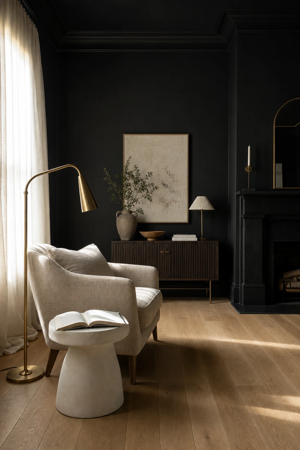 Black walls with warm light wood floor in a black white gray natural wood interior, cozy reading nook with linen armchair and brass floor lamp bathed in afternoon light