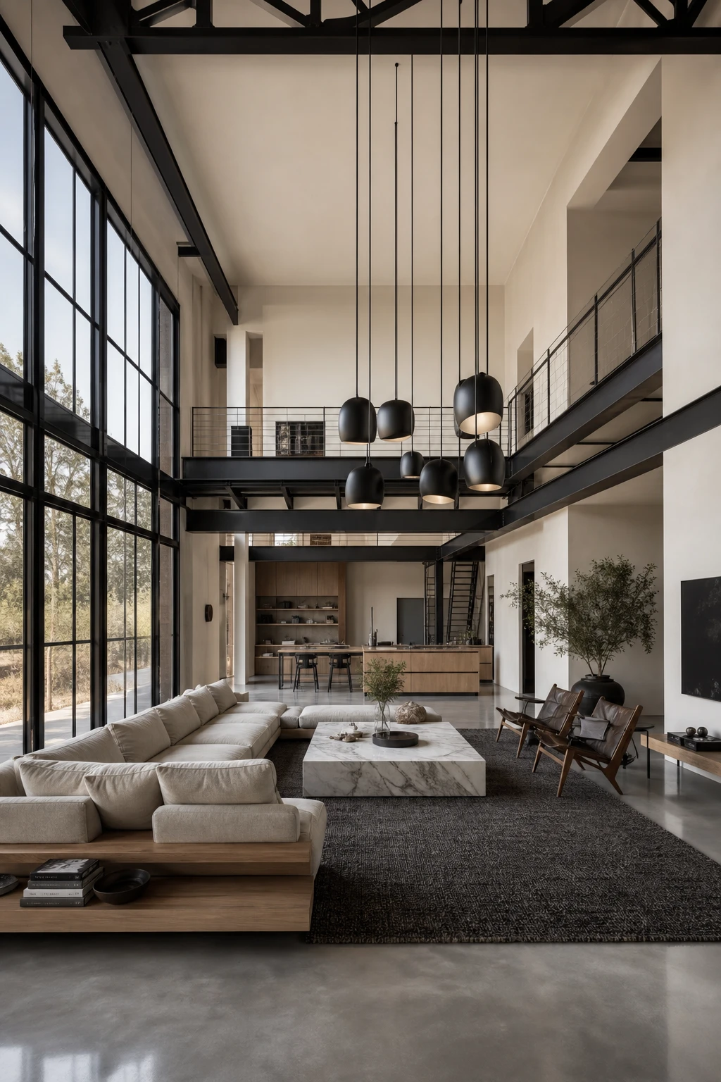 Black white gray and natural wood loft living room with soaring ceilings exposed steel beams concrete floors and warm Farrow and Ball Off White walls